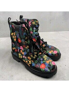 No Boundaries Women's Floral Print Combat Boots Black Laced Side Zip Size 7